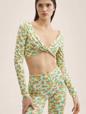 NWT Mango Floral Twisted Front Long Sleeve Crop Top (Top Only), Sz Medium